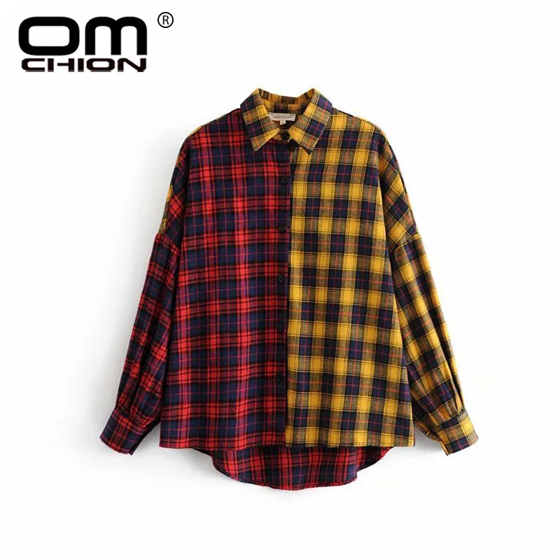 

OMCHION Blusas 2019 Spring Long Sleeve Vintage Plaid Womens Tops And Blouses Casual Loose Red And Yellow Patchwork Shirts QS462