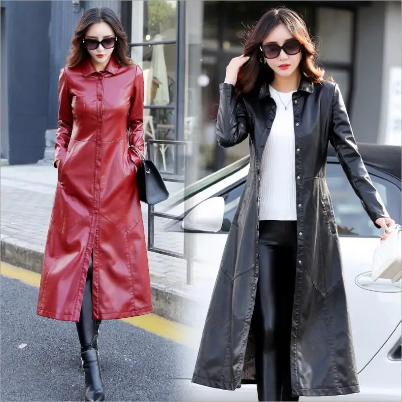 Women Autumn Winter Parka Leather Trench Coats With Bow