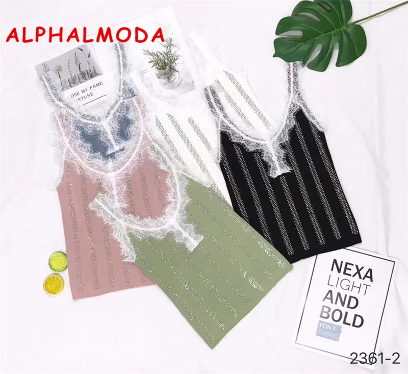 

ALPHALMODA 2019 Summer Women's Shining Striped Knitted Camisoles Laced Trim Buttons Ladies Slim Candy Tank Top
