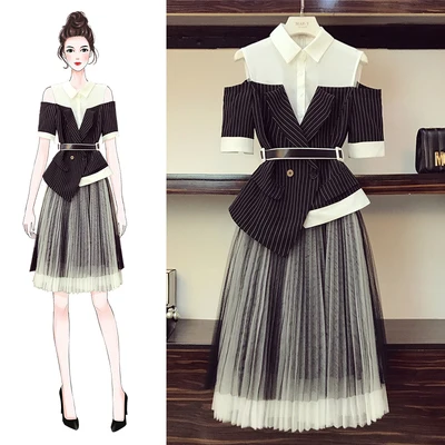 

Designer Women Suit 2019 Fashion High Quality New Streetwear Strips Top+pleated Skirts Mesh Mid-calf 2 Piece Set Women clothing