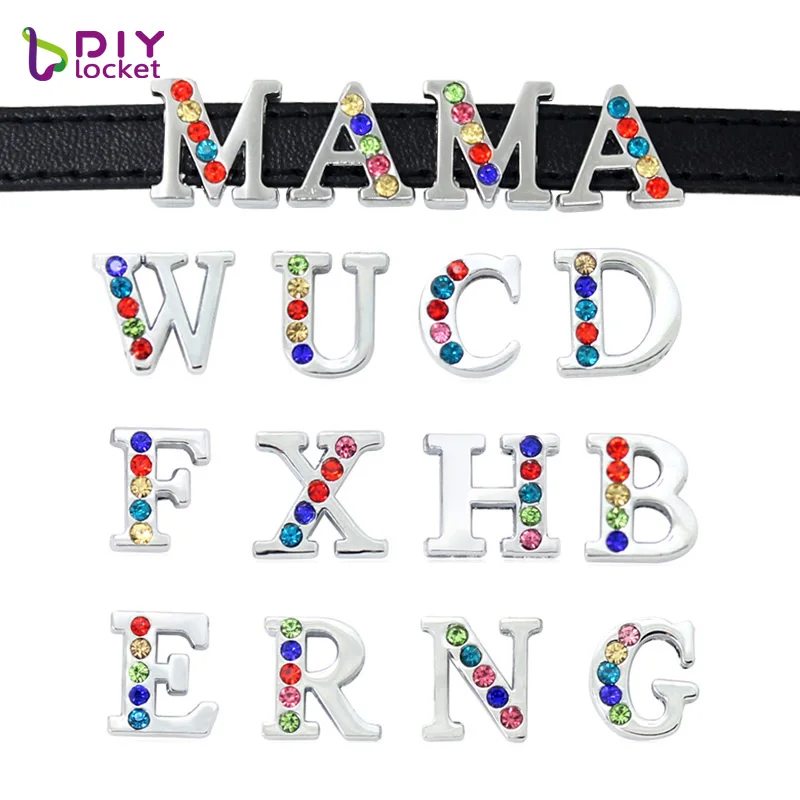 

8MM Half Colorful Rhinestone slide letters Charms "A-Z" (10 pieces/lot) Alphabet Fit DIY Wristband & Bracelet LSSL027