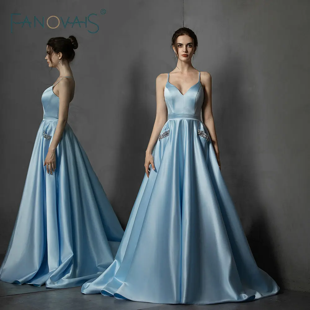 

BLUE Satin Evening Dresses Simple Prom Dress With Pockets Vestido de Fiesta 2019 robe de soiree abiye gece elbisesi