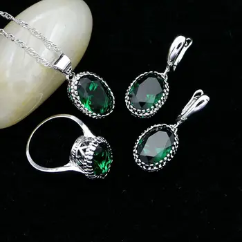 

Silver 925 Jewelry Sets Natural Green Cubic Zirconia Round Earrings/Pendant/Necklace/Ring Set For Women Party Decoration