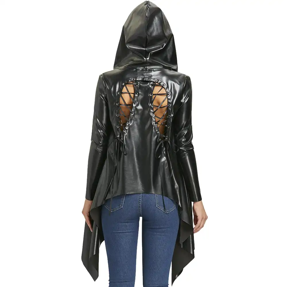 Lortalen Jacket Women Autumn Spring Coat Black Back Lace Up Ladies Hooded Spring Jacket Suppliers | Best Ladies Hooded