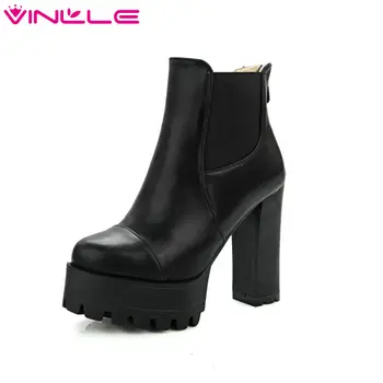 

VINLLE 2020 Women Motorcycle Boots British Style PU Zipper Square High Heel Ankle Boots Round Ladies Platform Boots Size 34-43