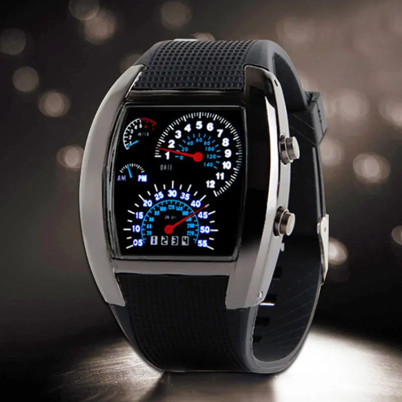 

LED Digital Watch Instrument Panel Design Men's Black Rubber Speedometer Digital Wrist Watches for Male Boys Men Gift