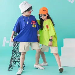Джазовый танцевальный костюм для мальчиков и девочек, футболка оверсайз, детская одежда в стиле хип-хоп, хлопковые рубашки, штаны для