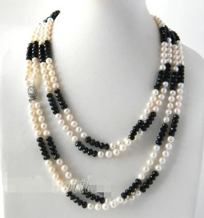 2Strands 44'' white round freshwater pearl black faceted crystal Necklace