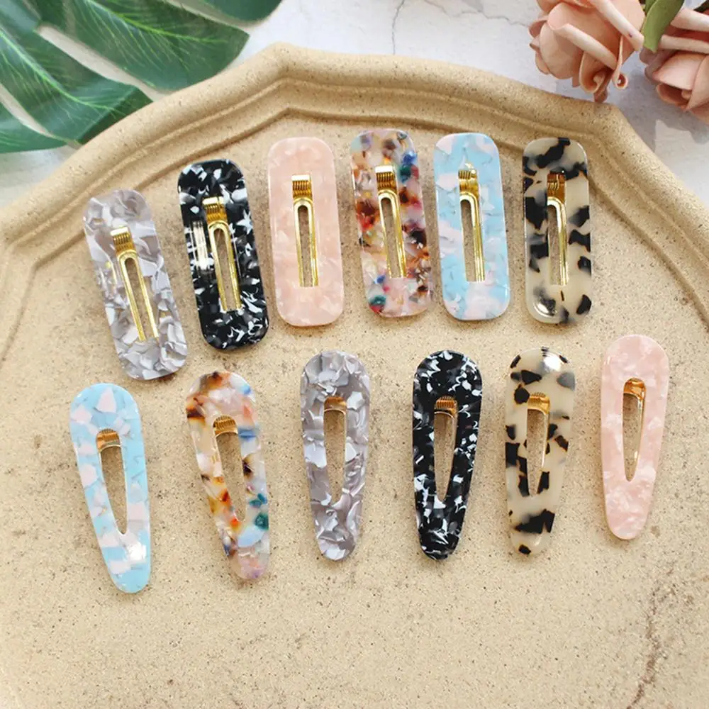 

Women Girls Japanese Style Side Hair Clip Hollow Geometric Water Drop Shape Duckbill Hairgrips Colored Marble Textured Printed