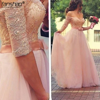 

Nude Pink Tulle Lace Appliques Top Pearls Arabic Designer Long Off The Shoulder Evening Dresses