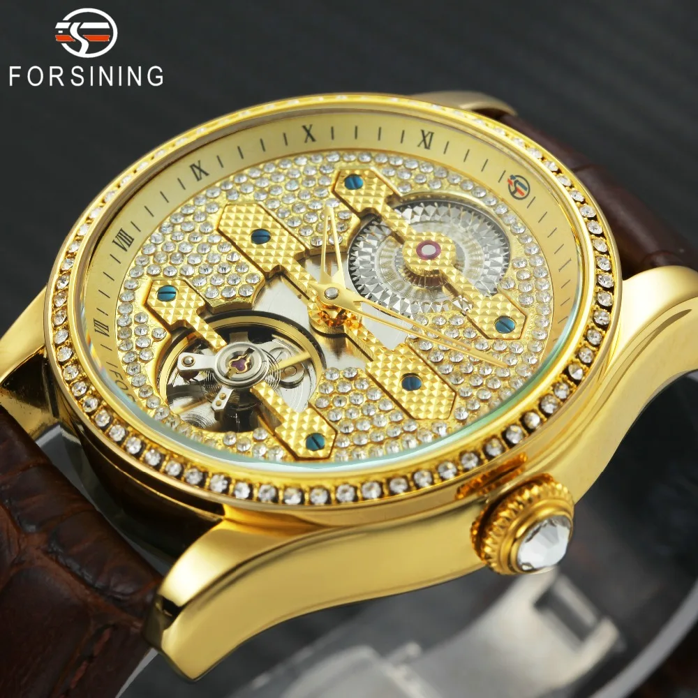 FORSINING Tourbillon Мужские часы Топ бренд класса люкс кристалл Iced Out дизайн кожаный ремешок Винтаж Королевский механические часы для мужчин