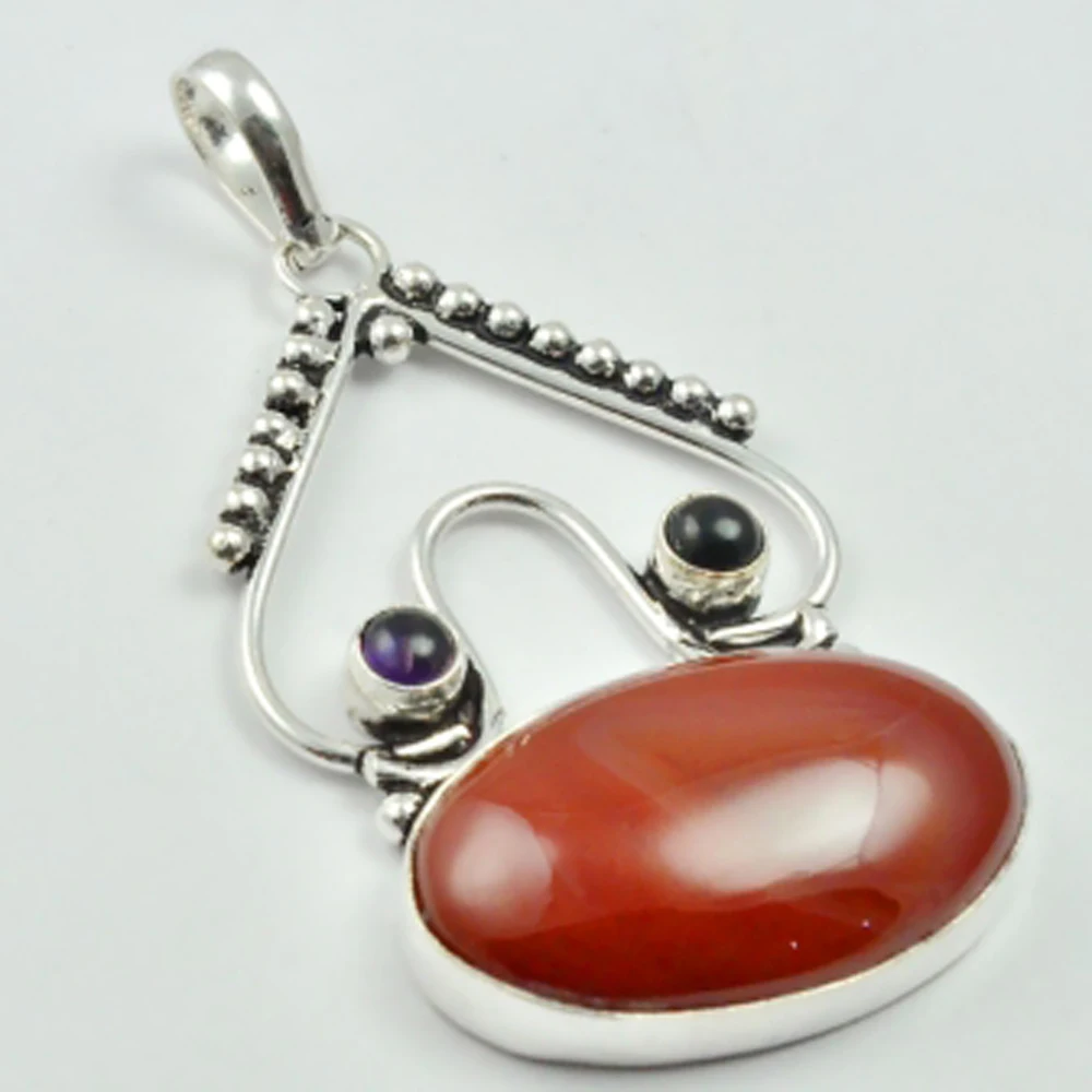 

Carnelian & Amethysts Pendant Silver Overlay over Copper , 70 mm, P3116