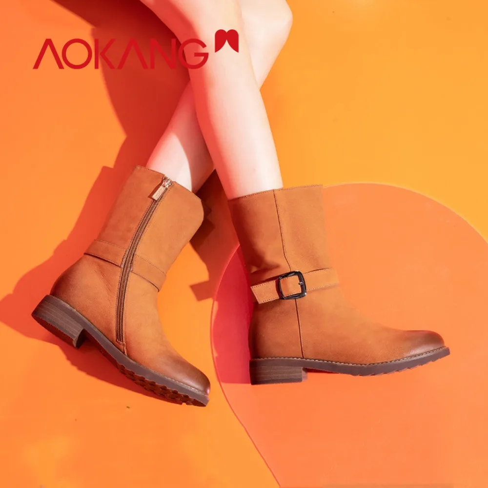 

AOKANG 2018 New Women winter mid boots snow calf Shoes flat low thick heel genuine leather zipper female slim solid women shoes