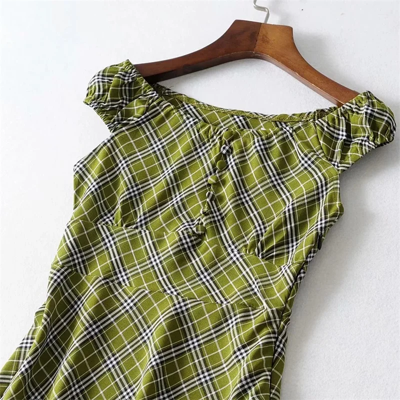 Женское мини-платье с открытыми плечами в зеленую клетку с принтом азиатского размера