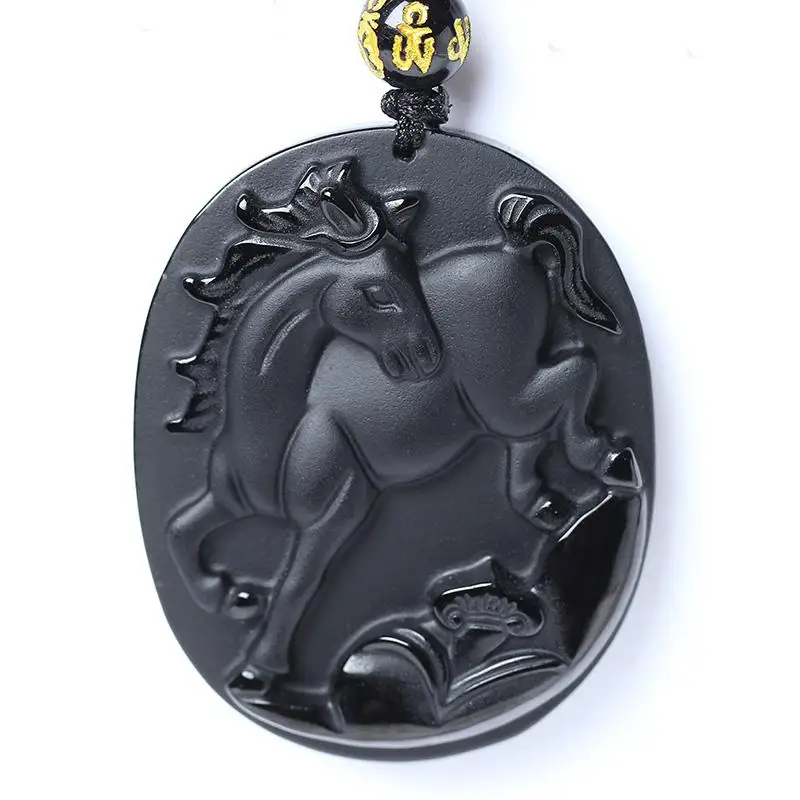 

Beautiful Chinese Handwork Natural Black Obsidian Carving Running Horse Lucky Pendants Necklace Fine Fashion Amulet Jewelry