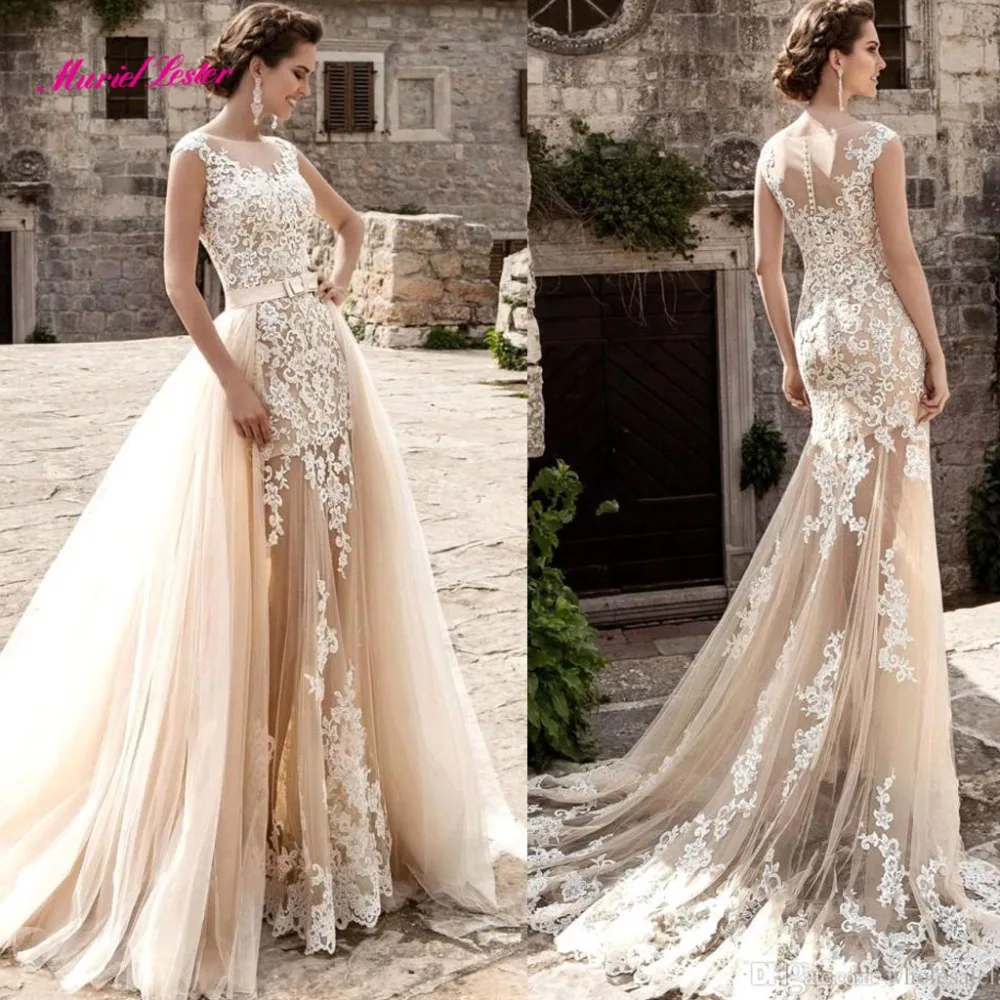 

Champagne Sheer Tulle Lace Mermaid Wedding Dresses 2019 Applique Detachable Train Bridal Gowns Robe De Mariee Sexy Bride Dress