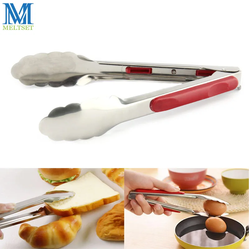 9 Inch Kitchen Tongs Stainless Steel Bread Food Tongs Red Plastic