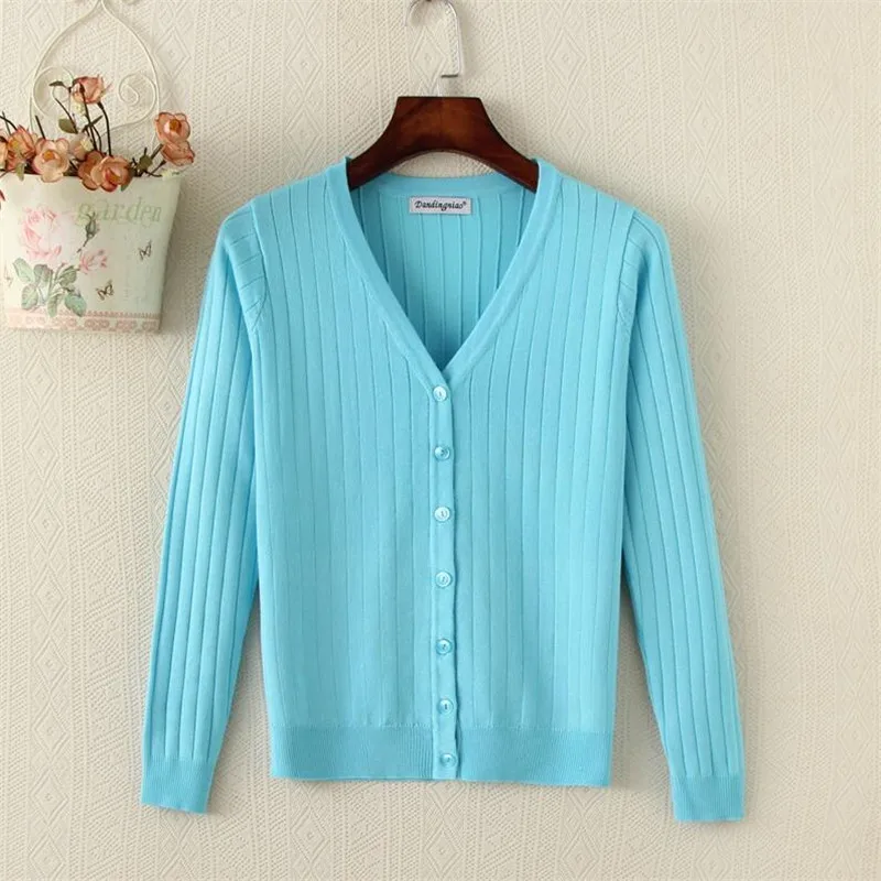 Осенний женский кардиган, вязаный свитер с длинным рукавом, повседневный женский короткий свитер на пуговицах, 12 цветов, большой размер 4XL R557 - Цвет: sky blue