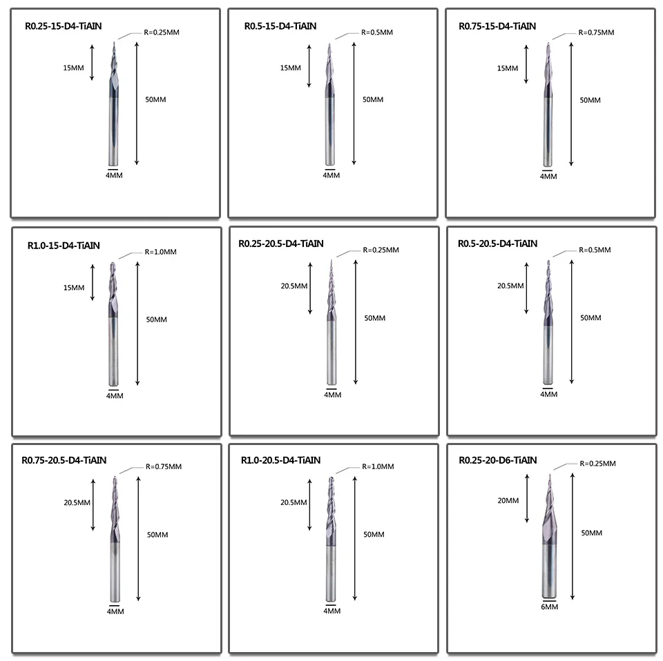 Вольфрамовые Твердосплавные 4 мм R0.75 конические концевые фрезы с шариковым носом Фрезы с ЧПУ конические фрезы для дерева и металла