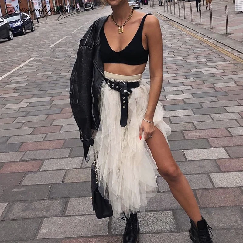 

SRDP Irregular Mesh Ruffle Fluffy Pleated Cake Skirt Women Summer Apricot One Size Asymmetrical Pathwork Sexy Elegant Skirt 2019