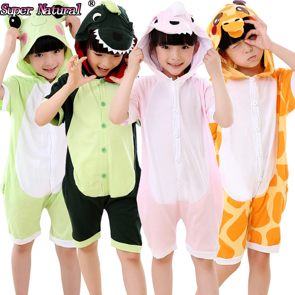 

HKSNG Kids Summer Cotton Pikachu Panda Totoro Penguin Animal Stitch Frog Kigurumi Pajamas With Zipper Cosplay Costume Jumpsuits