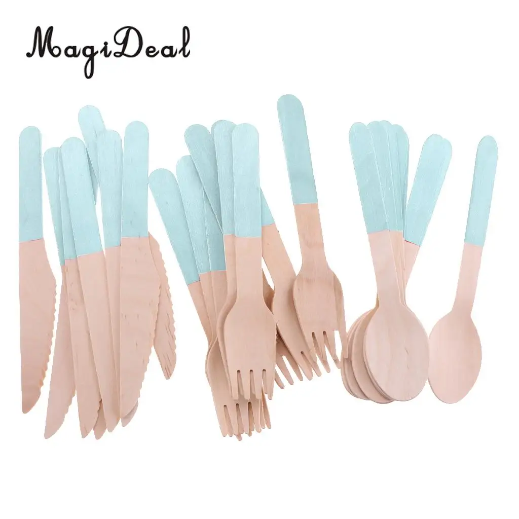 24pcs/Set Disposable Wooden Utensil Forks Spoons Knives Cutlery Set Wedding Birthday Party Tableware Serveware