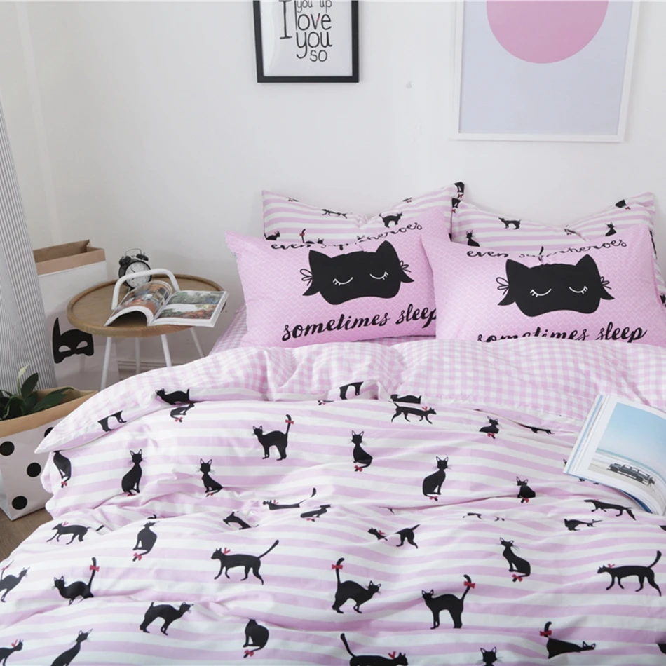 Buy Cartoon Bedding Sets Black Cats Printed Plaid Flat