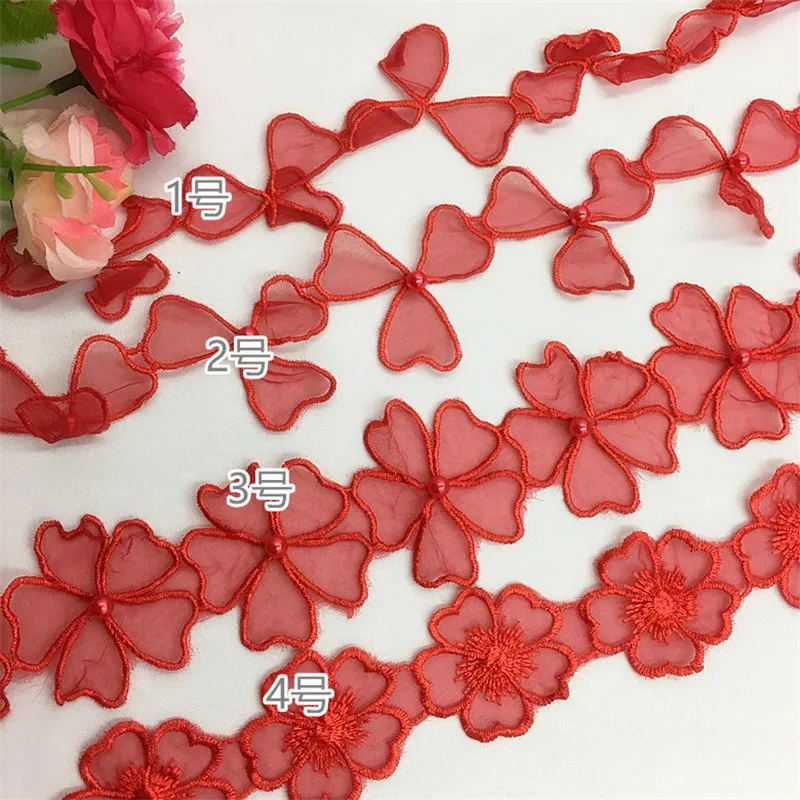

1Yard Beaded Red Tulle Yarn Flower Lace Embroidery Lace Accessories Lace Dress Decoration Flower Lace Patch LR0022