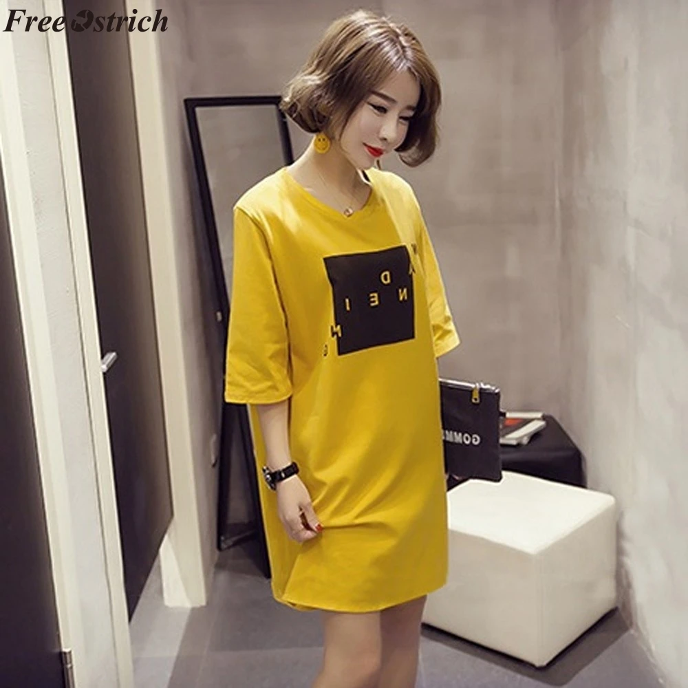 

FREE OSTRICH Women's Fashion Short Sleeve Long Print O-Neck T-Shirt Ladies Casual Loose To Knee T-Shirt Tops Summer plus size