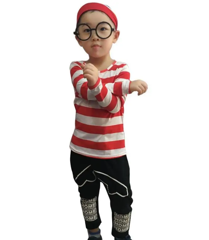 Маскарадный костюм Where is Wally Waldo с героями мультфильмов для родителей и детей рубашка в красную полоску+ шляпа+ очки - Цвет: children