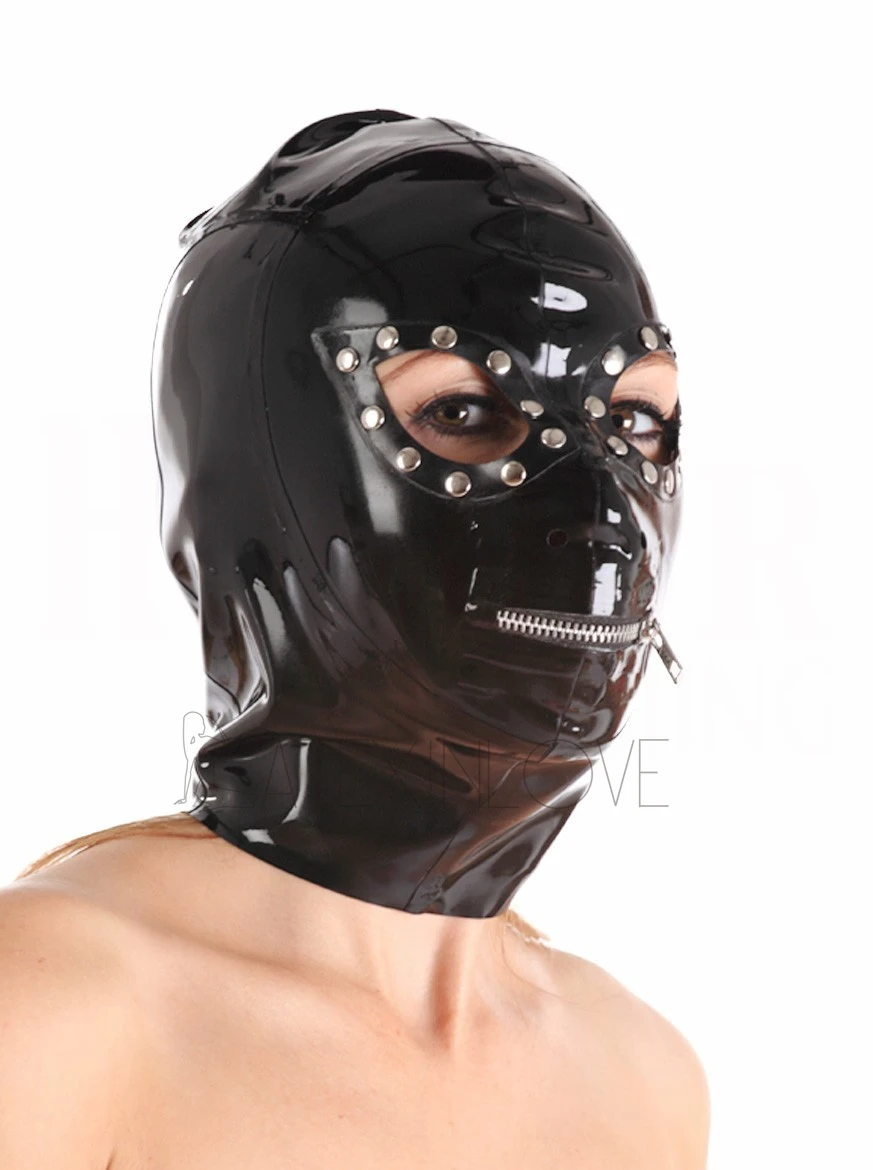 Black Mask Latex Hood Sexy Latex Rubber Fetish Mask With Metal
