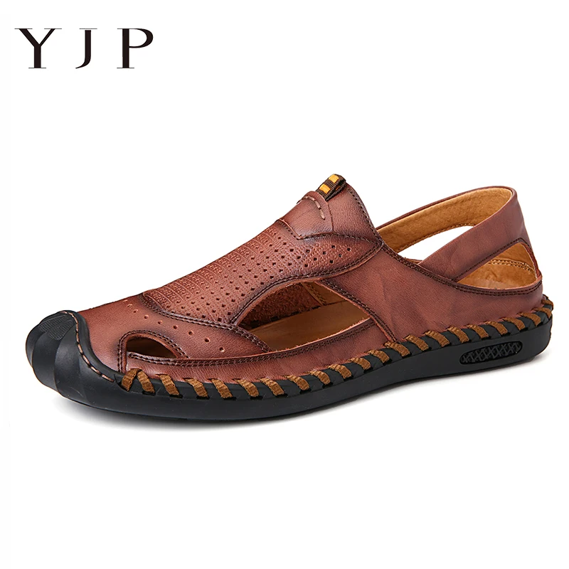 

YJP 2019 Men Summer Sandals Leather Roman Sandals Hand Slipper Outdoor Sneaker Beach Rubber Flip Flops Leather Shoes