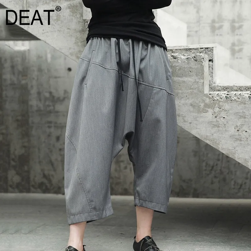 

[DEAT] High Quality 2019 Spring Solid Color Spliced Pockets Ankle-length Pants Cross-Pants Fashion New Women's Wild LA92