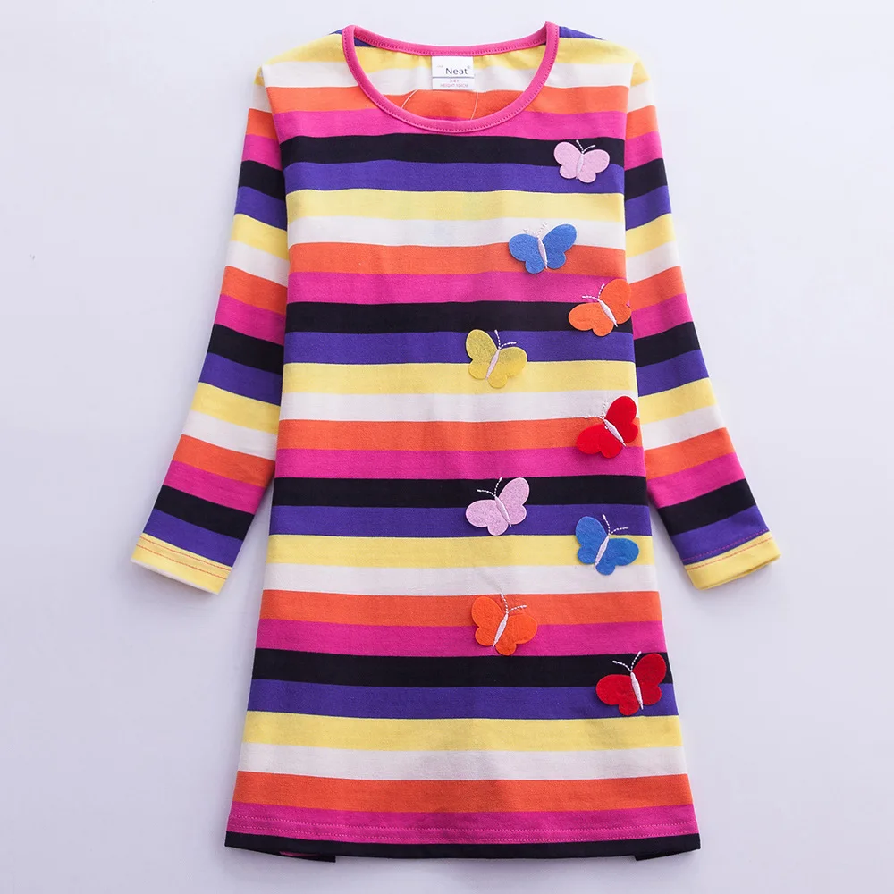 

NEAT Spring autumn Long sleeve dress for girls Striped applique bow Princess Party Dress Children's clothing AL6462