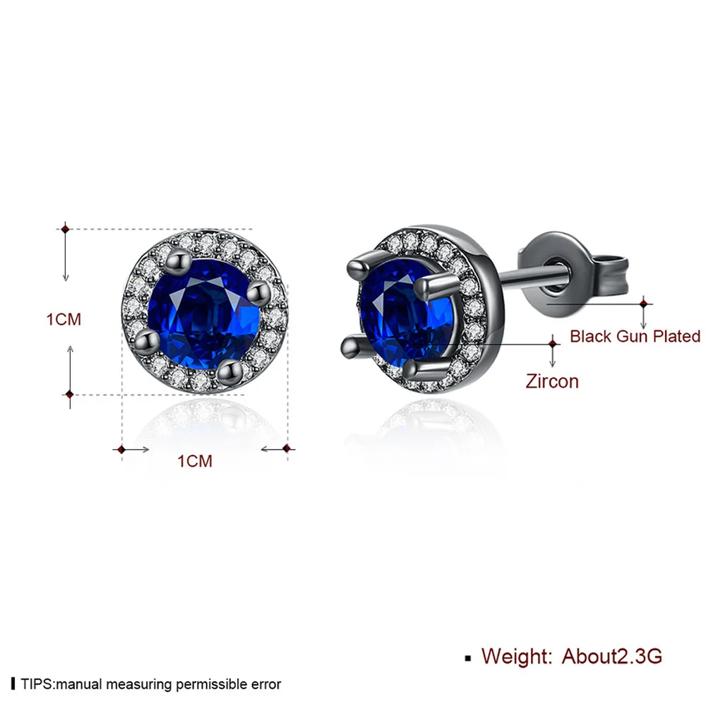 Round Blue Diamond Stud Earrings for Women Sapphire Black Color Fine Jewelry perola Kolczyki Orecchini Brincos Bizuteria Earring