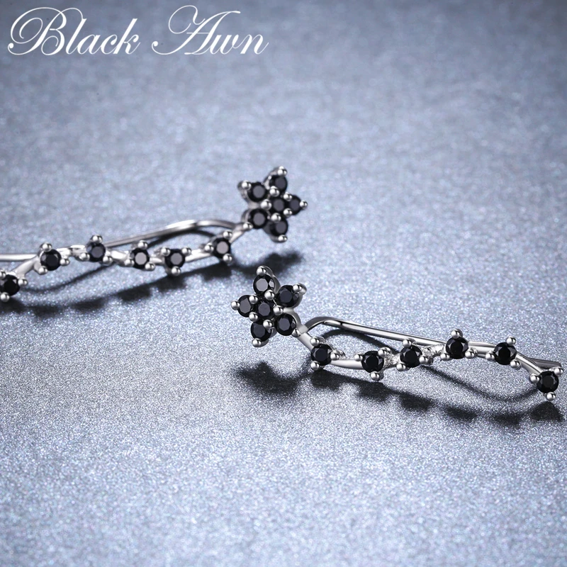 Romancit 925 Sterling Silver Jewelry Engagement Flower Drop Earrings For Women Black Spinel Female Earring Gift I036