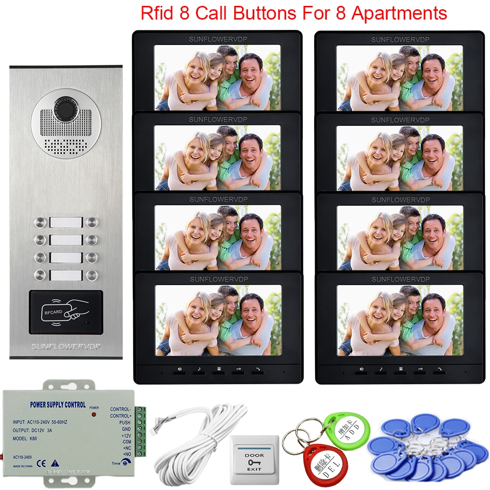 

7inch Video Intercom System Video Intercom for 8 Apartments Access Control Video Intercom 8 Monitors Outdoor Waterproof Doorbell