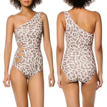 

Swimwear Women One Piece Swimsuit Leopard Monokini Swimwear Beachwear Bathing One Shoulder Bikini
