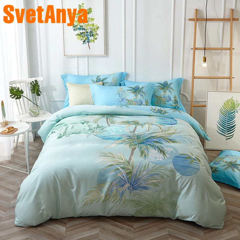 

Svetanya Soft Artificial Silk Bedsheet Pillowcase Quilt Cover Sets Coconut Tree Bedding Set Bedlinen Queen Double King Size