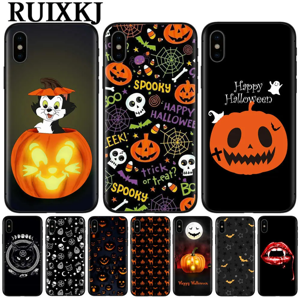 

RUIXKJ Pumpkin Halloween Bat Case For iPhone X XR XS Max 8 7 6 6S Plus 5S SE Soft Silicone Protective Phone Cover Coque Capinha