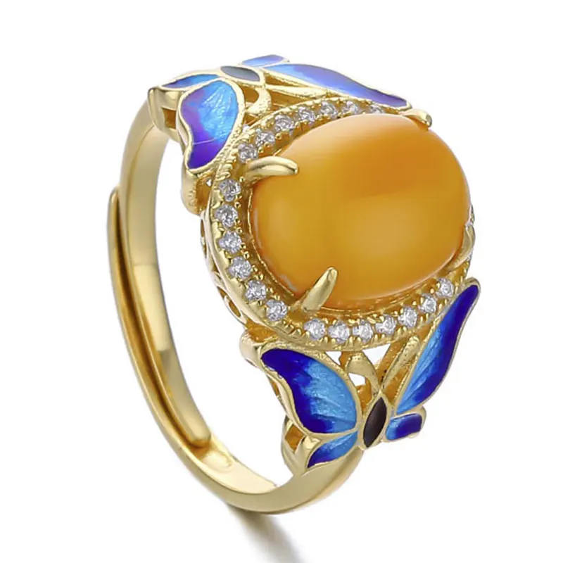

RADHORSE 925 Silver Rings for Women Fine Jewelry Amber Butterfly Modeling Sterling Silver Ring Adjustable Golden