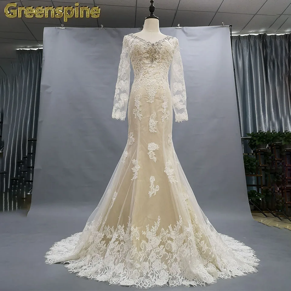 

Greenspine Muslim Mermaid Wedding Dresses Long Sleeve 2019 Robe de mariee sirene V Neck Beading Champagne Bridal Gowns