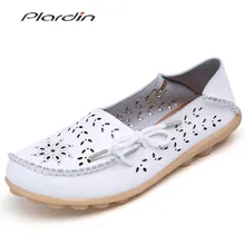 Plardin размера плюс балетки; летние открытые Для женщин натуральная женская кожаная обувь гибкий круглый носок медсестра Повседневное модные лоаферы
