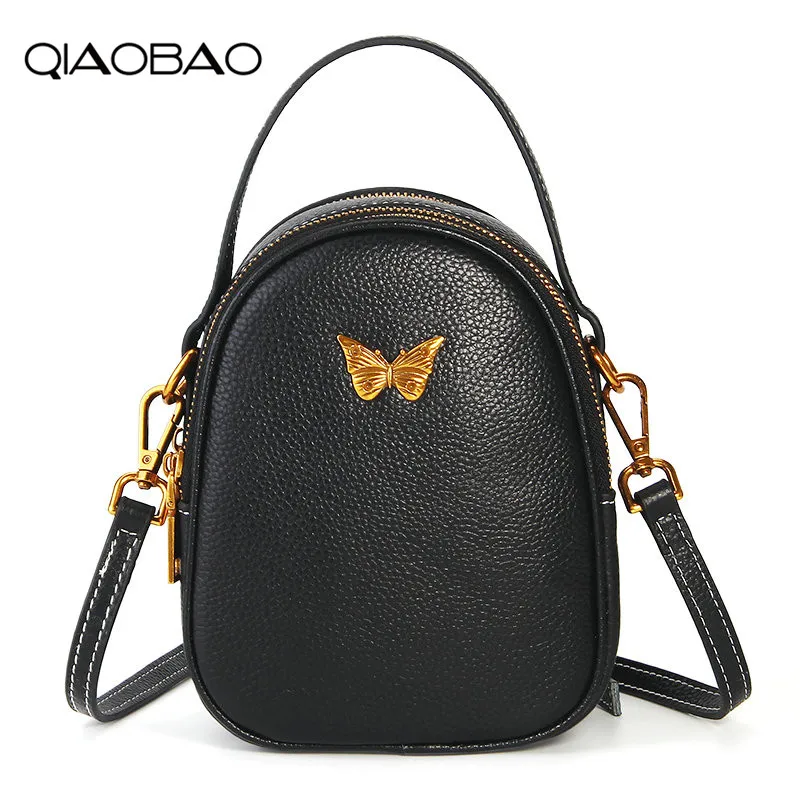 

QIAOBAO 2019 Newest Metal butterfly Bag Cowhide Leather handbag Korean wild fashion first layer leather Flap bag Messenger bag