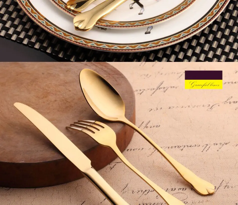 Luxury Gold Cutlery Set Stainless Steel Metal Dinnerware Set 3 Pieces Knife Fork Tableware Dining Dinner Western Food Kitchen (8)