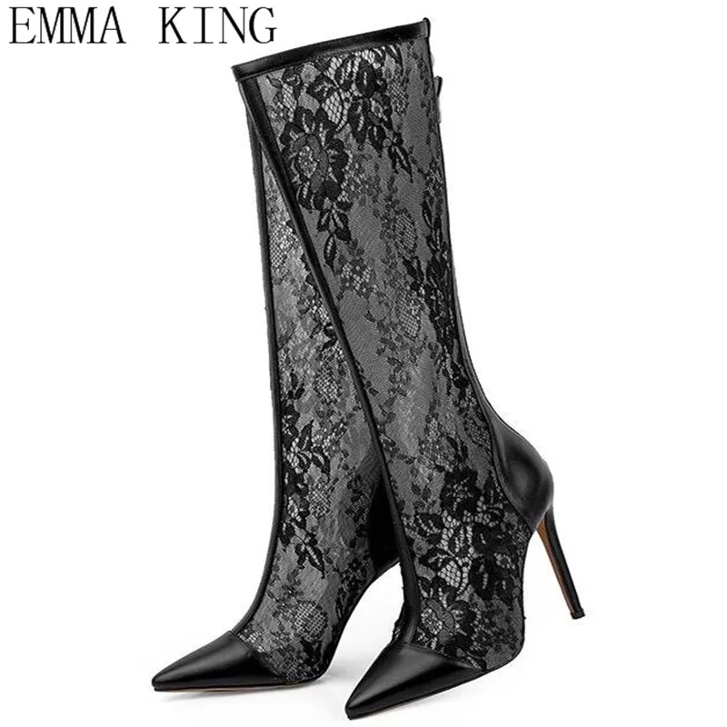 

Europe America Sexy Black Lace Shoes Female High Heels Hollow Gauze PU Leather Pointed Stiletto Boots Women