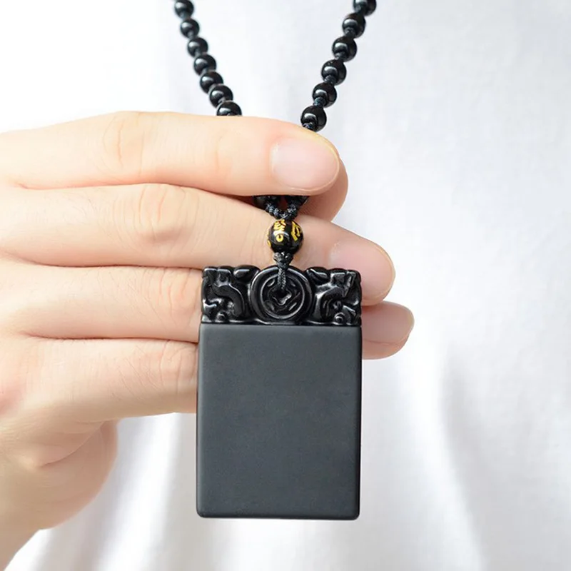 

Natural Black Obsidian Peace Safety Lucky Pendant Necklace Drop shipping Obsidian Pendant For Men And Women Fine Jewelry Gift