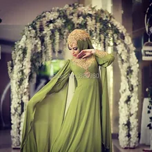 Olive Gold Colored Long Sleeve Hijab Dubai Muslim Wedding Dress 2017 Cape Heavy Beaded Chiffon Designs Wedding Gown YWD46