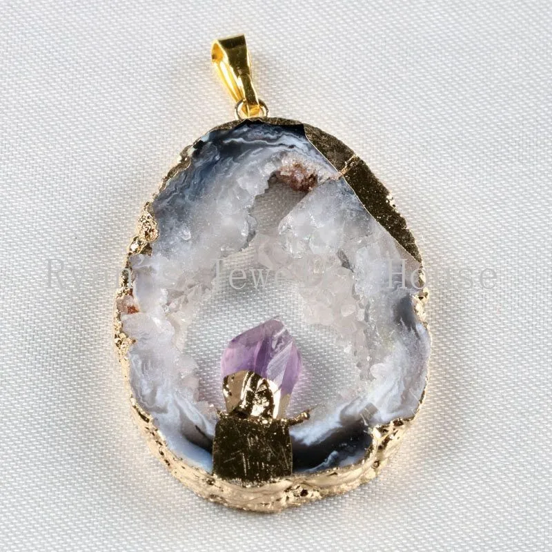 S050-2 Open Agate Druzy With Amethyst Pendants