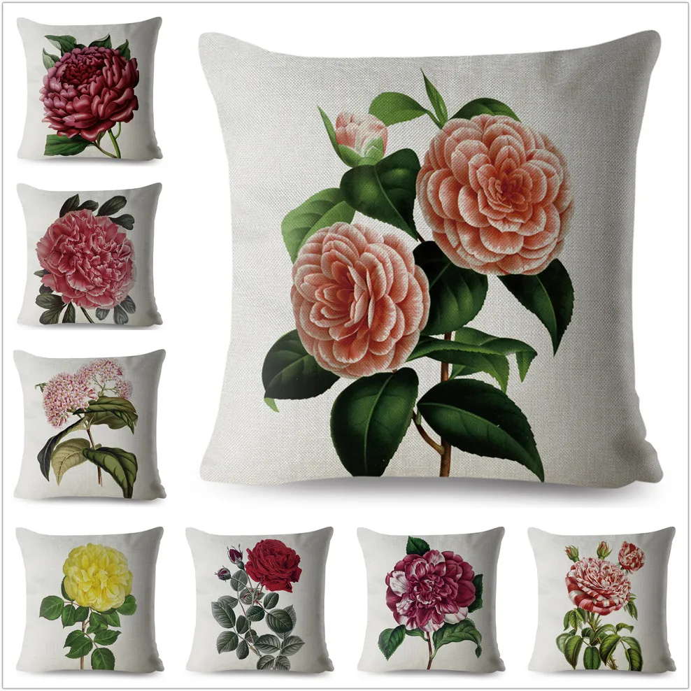 Vintage Painting Flower Camellia Print Throw Pillow Case 45*45cm Square